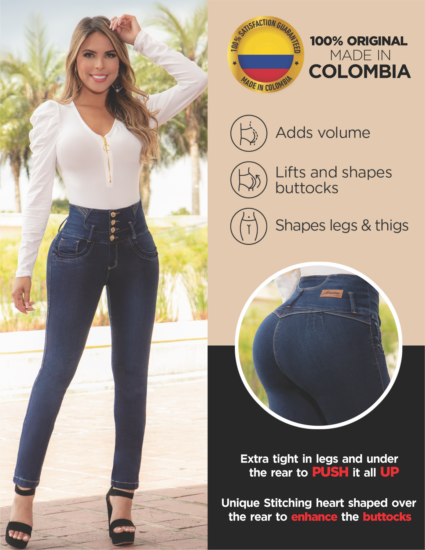 Pantalones Colombianos para Mujer Levanta Cola PUSH UP Jeans